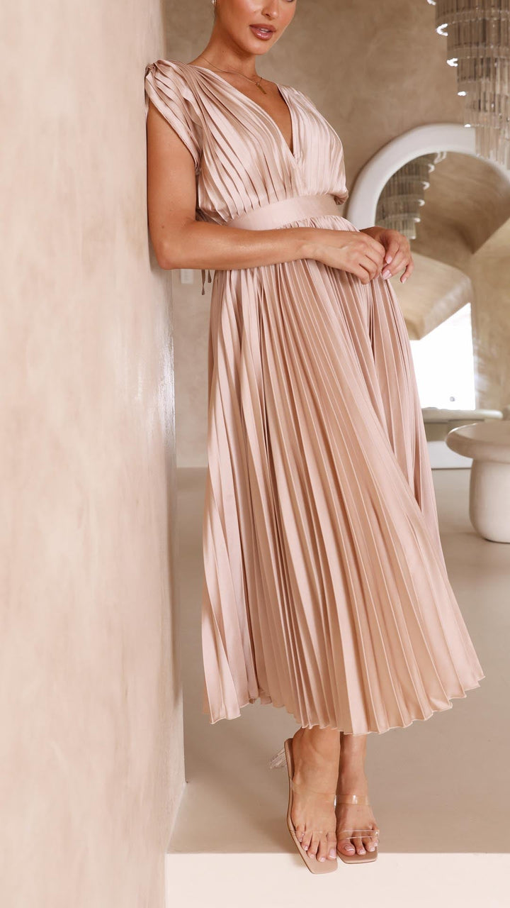 Audrey | Women Elegant Deep V Pleated Midi Dress