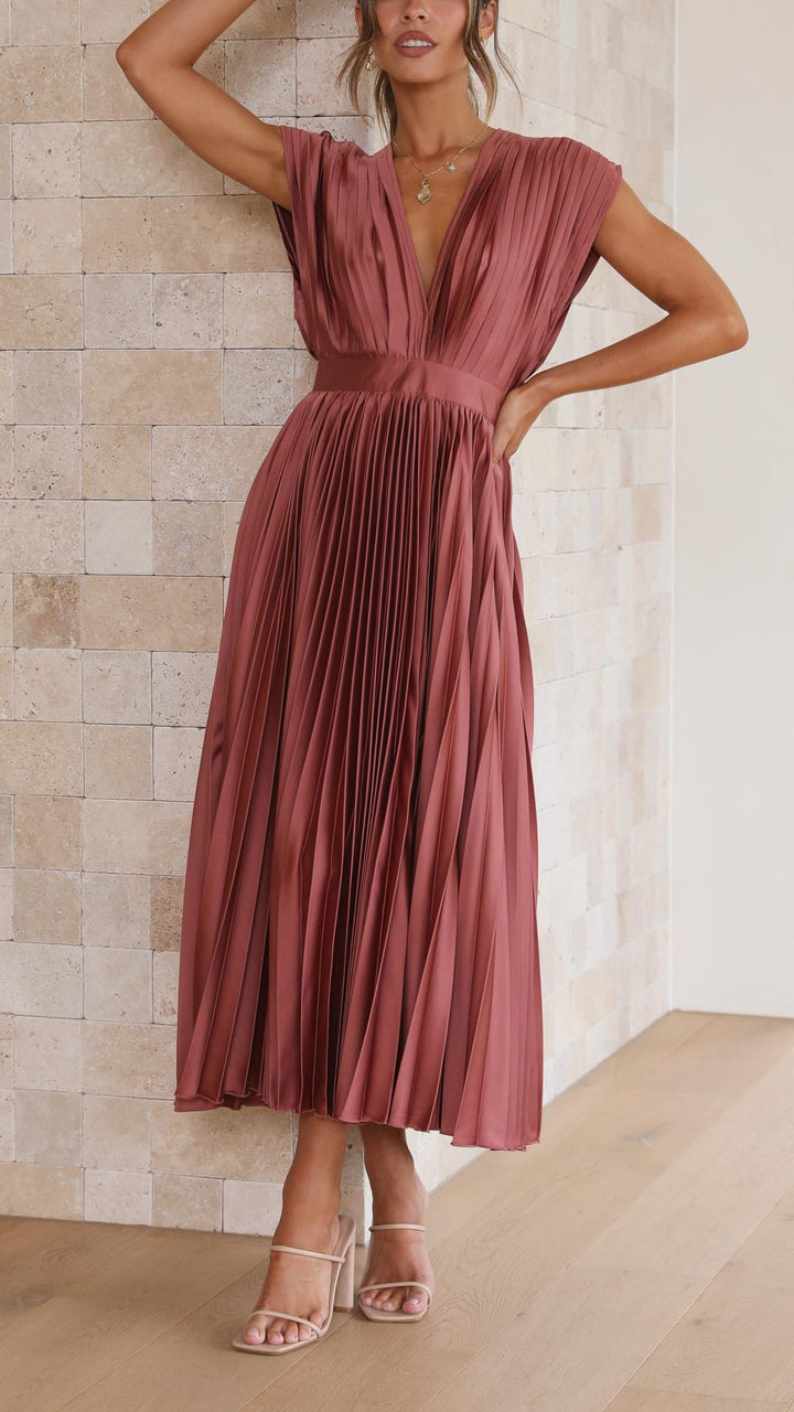 Audrey | Women Elegant Deep V Pleated Midi Dress