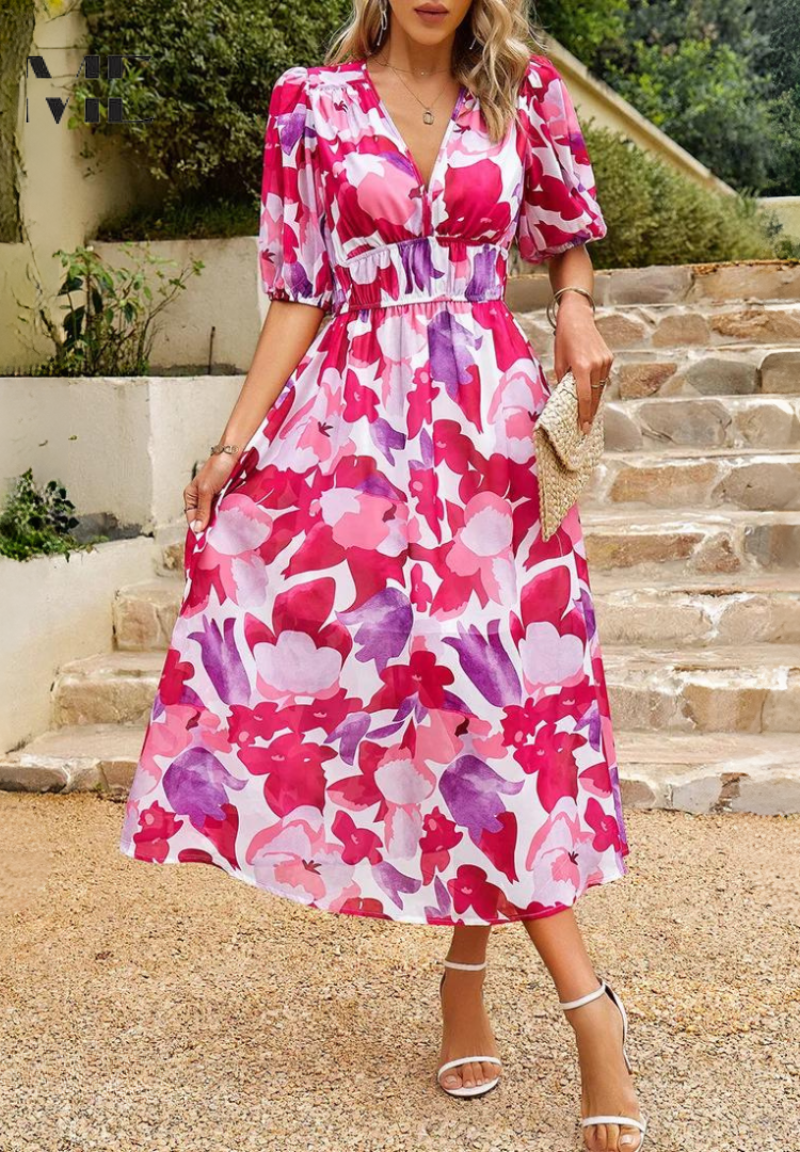 Ava | Women Colorful Floral V Neck Midi Dress