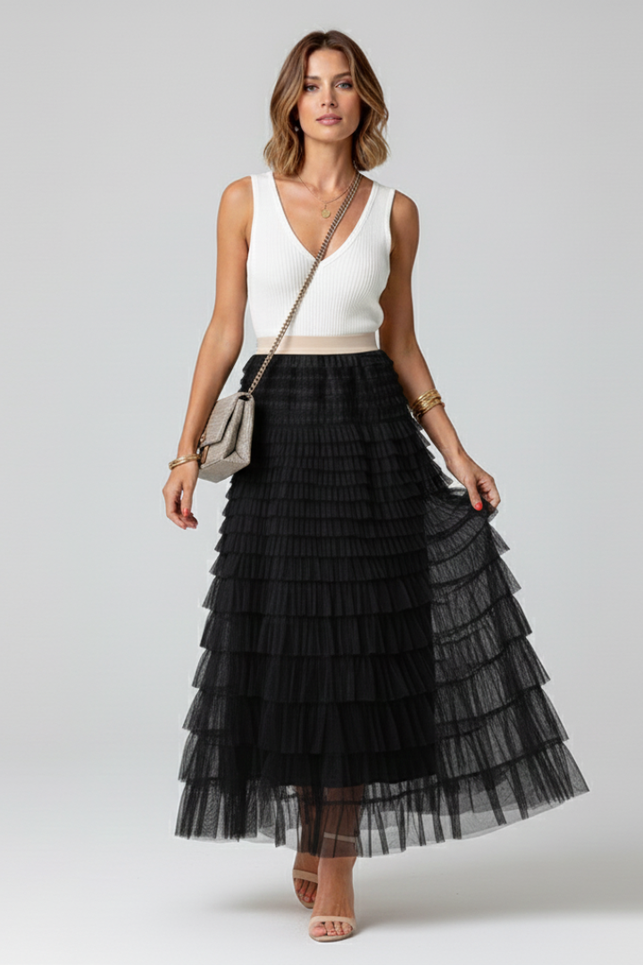 Daisy | Women’s Layered Tulle Midi Skirt with Elastic Waist