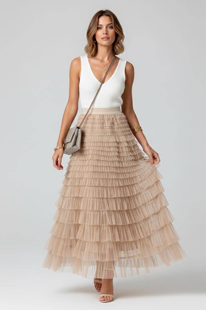 Daisy | Women’s Layered Tulle Midi Skirt with Elastic Waist