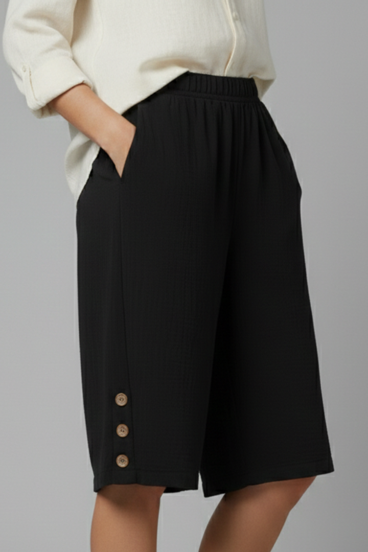 Esme | Women’s Elastic Waist Wide Leg Button Shorts