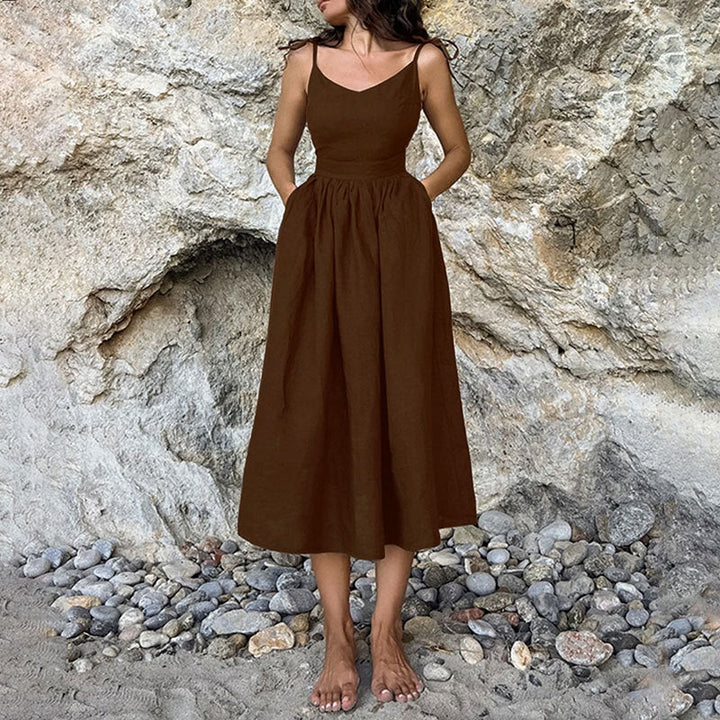 Millie | Women’s Midi Dress V Neck Open Back Slit