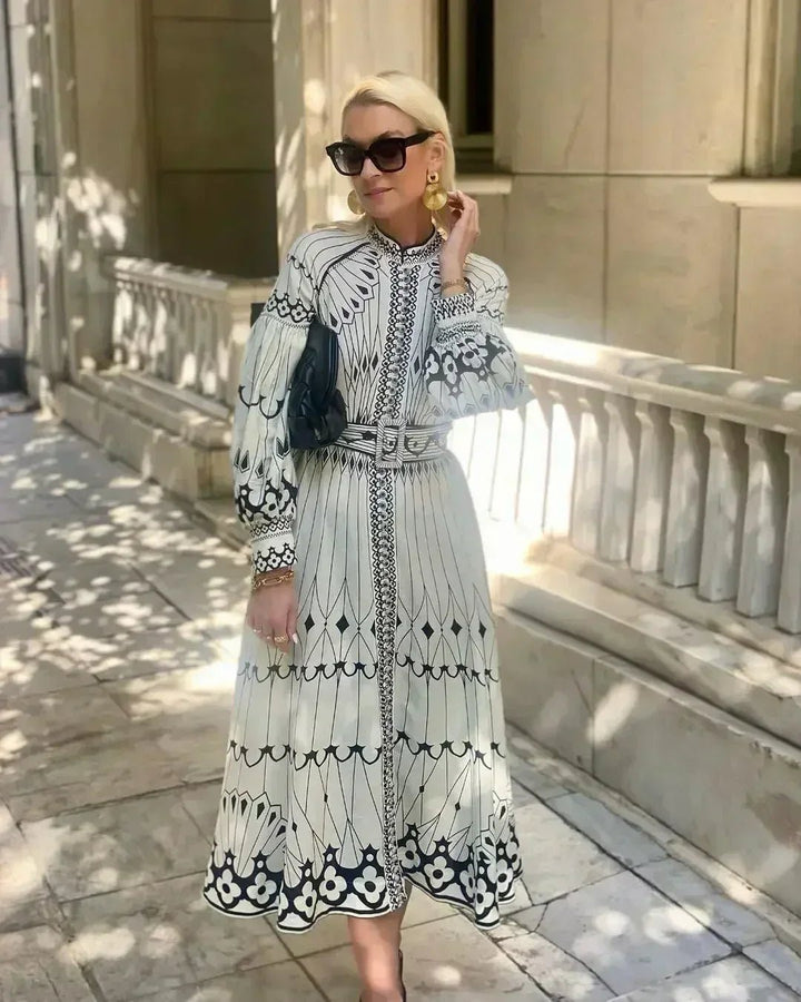 A-Line Midi Dress Long Sleeve Printed Bohemian - Beige