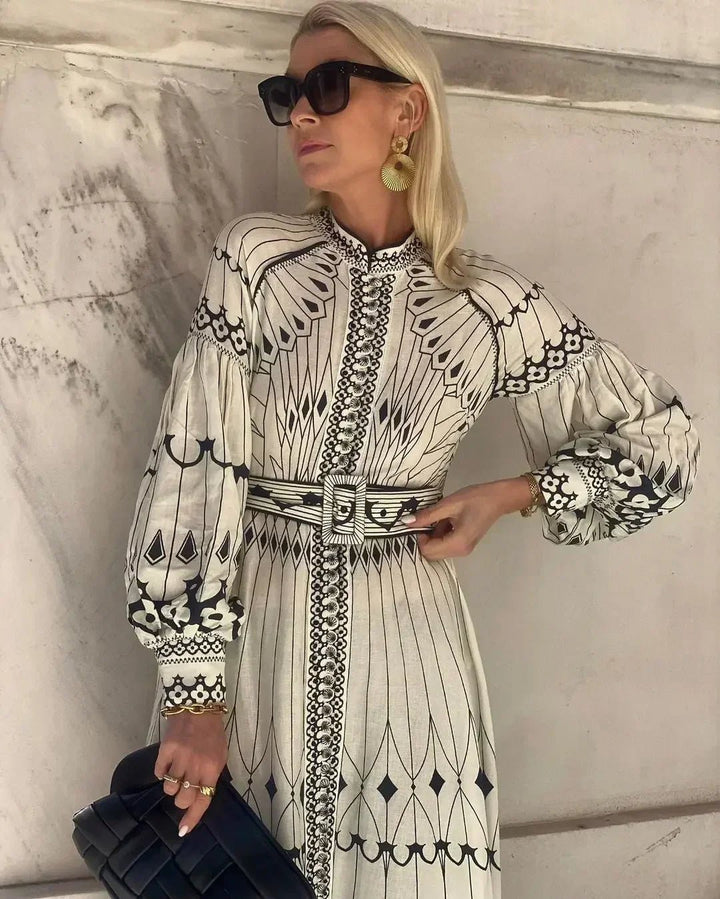 A-Line Midi Dress Long Sleeve Printed Bohemian