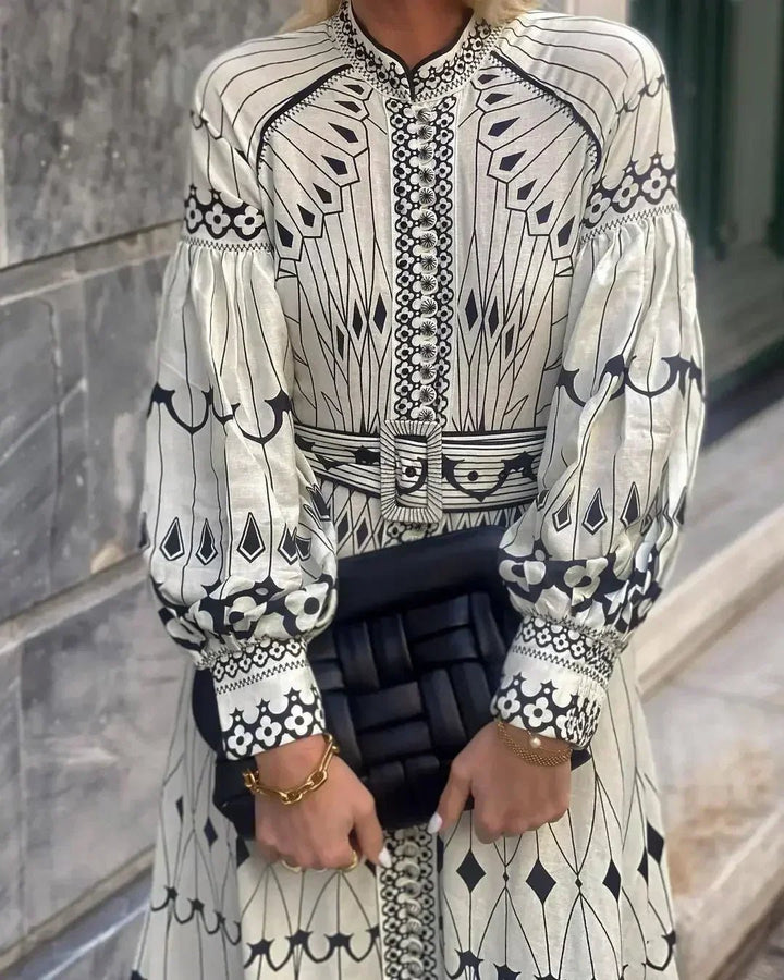 A-Line Midi Dress Long Sleeve Printed Bohemian