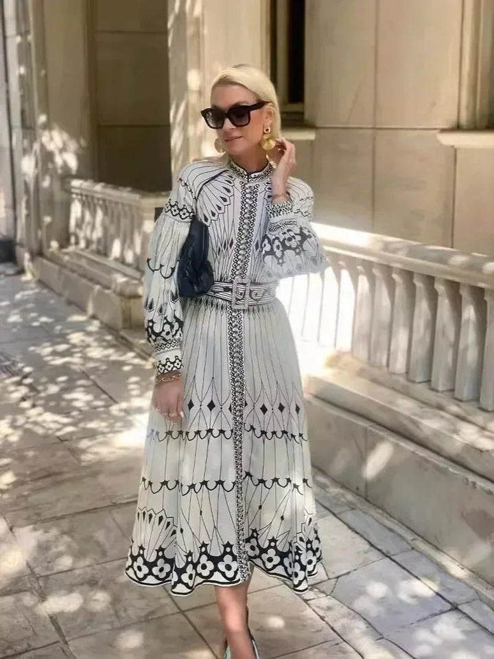 A-Line Midi Dress Long Sleeve Printed Bohemian