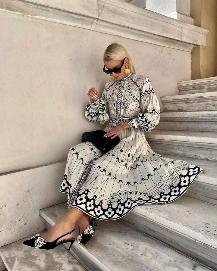 A-Line Midi Dress Long Sleeve Printed Bohemian