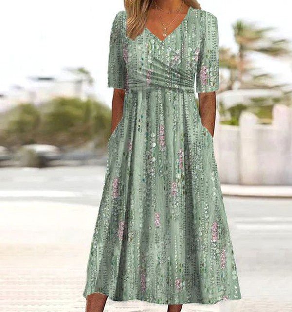 A-Line Midi Dress V-Neck Floral Short Sleeve Summer - Green