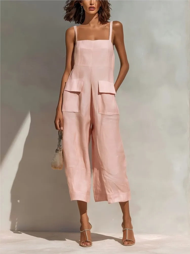 Emily | Women's Belted Linen Midi Dress Cargo Pockets