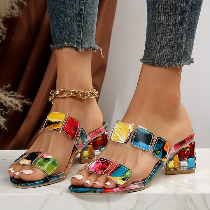Block Heel Sandals Open Toe Multi Strap Slide Design