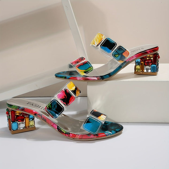Block Heel Sandals Open Toe Multi Strap Slide Design - Multicolor