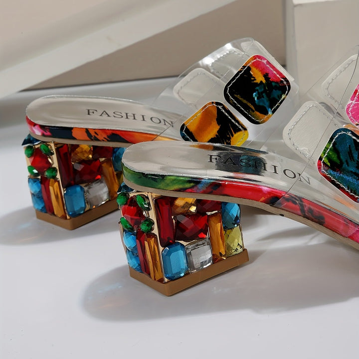 Block Heel Sandals Open Toe Multi Strap Slide Design