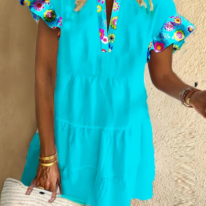 Boho Flowy Dress Flutter Sleeves Floral Print Midi - Blue