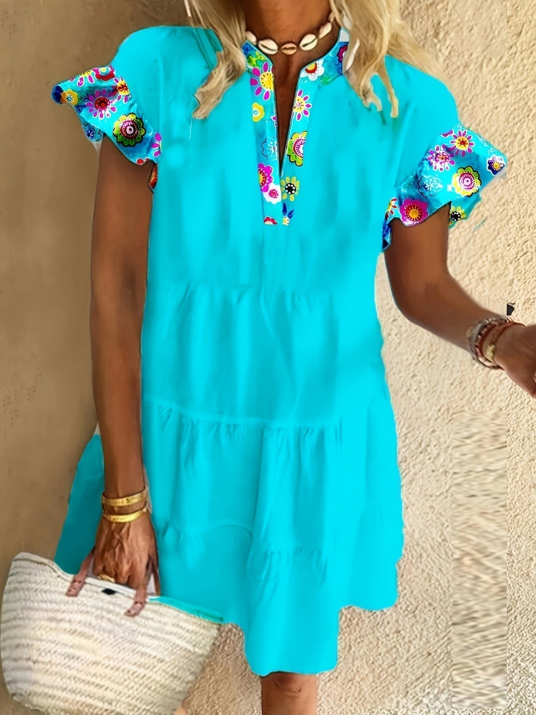 Boho Flowy Dress Flutter Sleeves Floral Print Midi