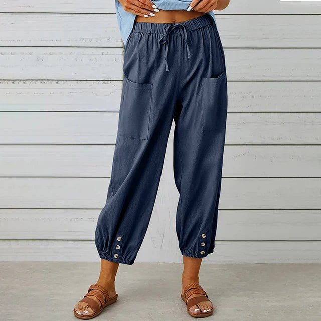 Boho High Waist Relaxed Trousers Cotton Linen Cropped - Navy Blue