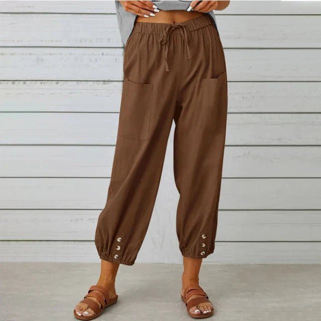 Boho High Waist Relaxed Trousers Cotton Linen Cropped - Brown