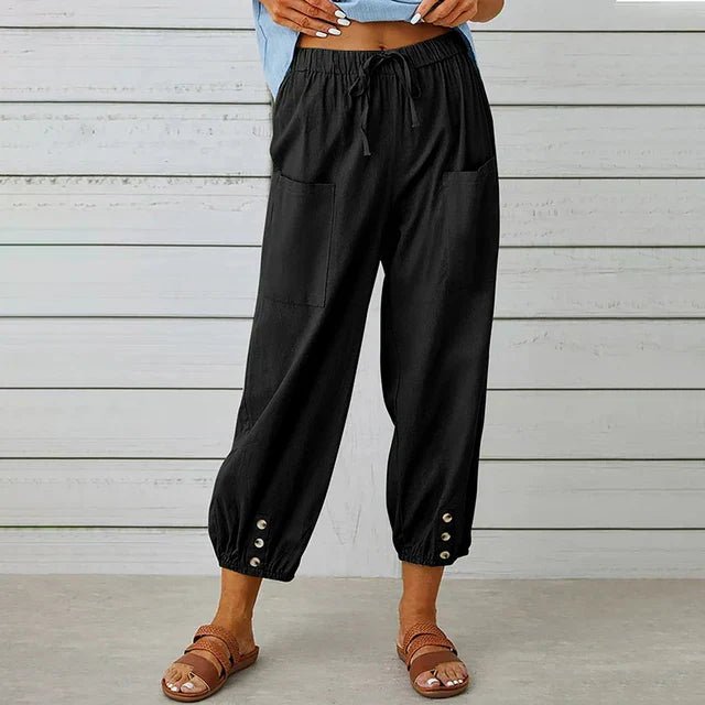 Boho High Waist Relaxed Trousers Cotton Linen Cropped - Black (Almost sold out)