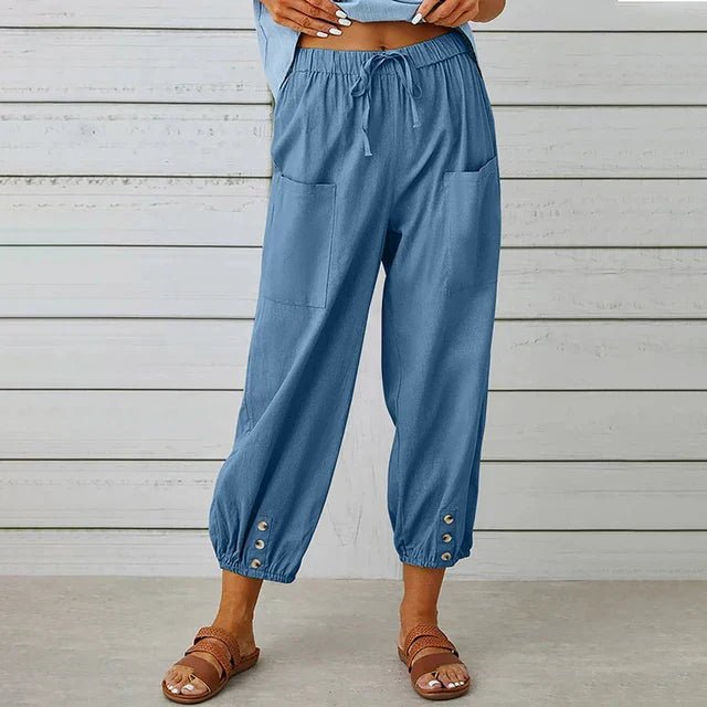 Boho High Waist Relaxed Trousers Cotton Linen Cropped - Denim Blue (Almost sold out)