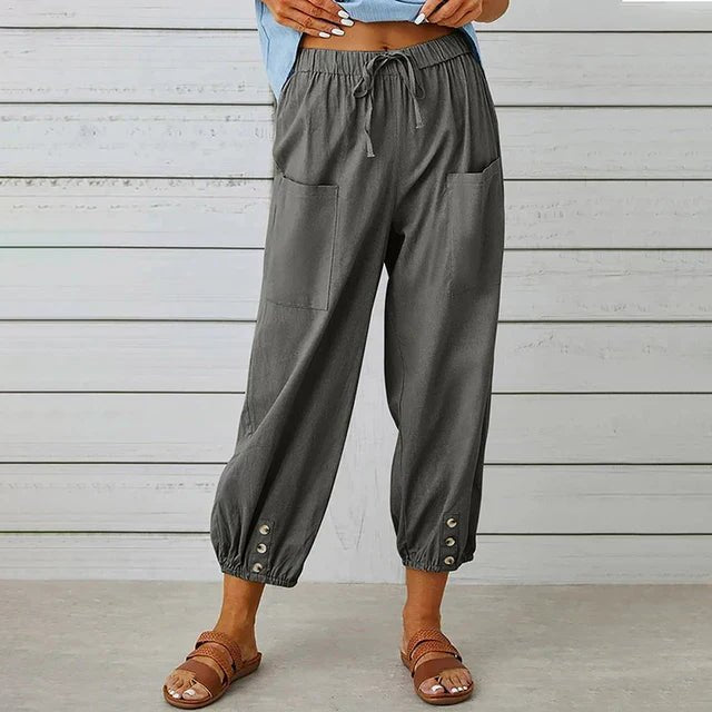 Boho High Waist Relaxed Trousers Cotton Linen Cropped - Dark Grey