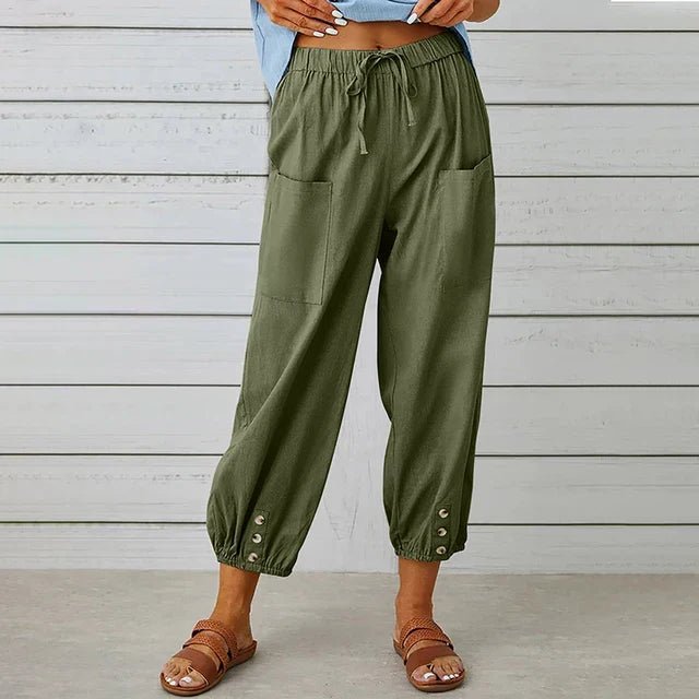 Boho High Waist Relaxed Trousers Cotton Linen Cropped - Army Green (Almost sold out)