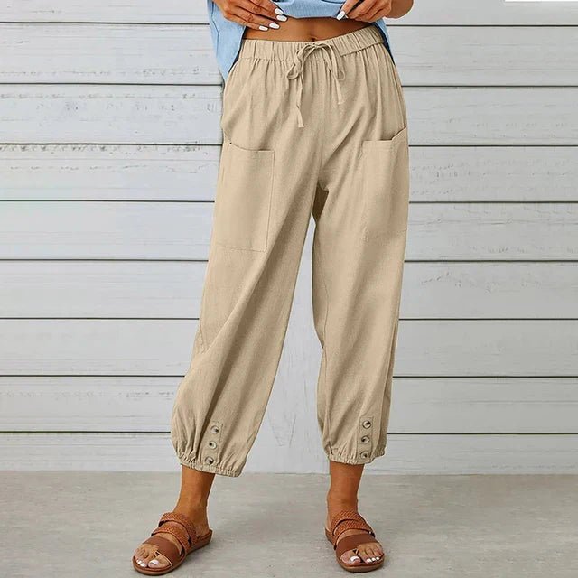 Boho High Waist Relaxed Trousers Cotton Linen Cropped - Khaki