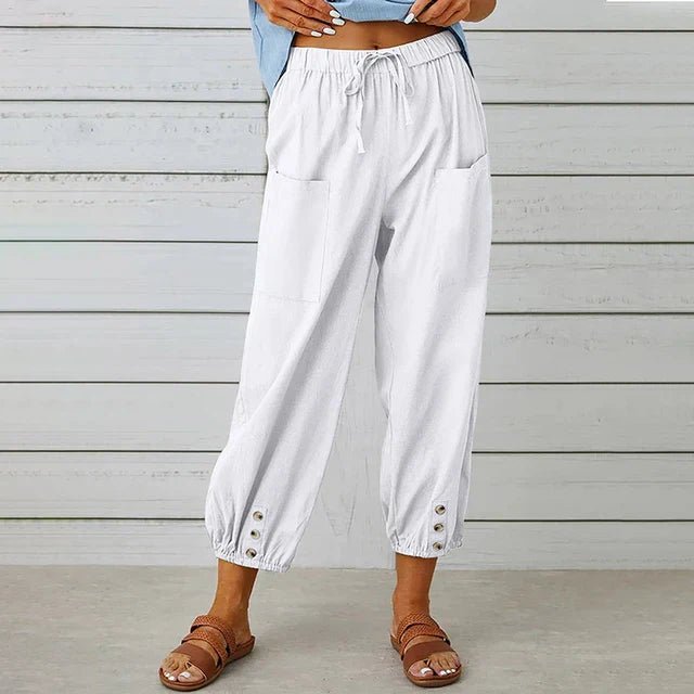 Boho High Waist Relaxed Trousers Cotton Linen Cropped - White