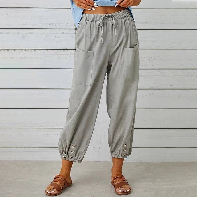 Boho High Waist Relaxed Trousers Cotton Linen Cropped - Light Grey