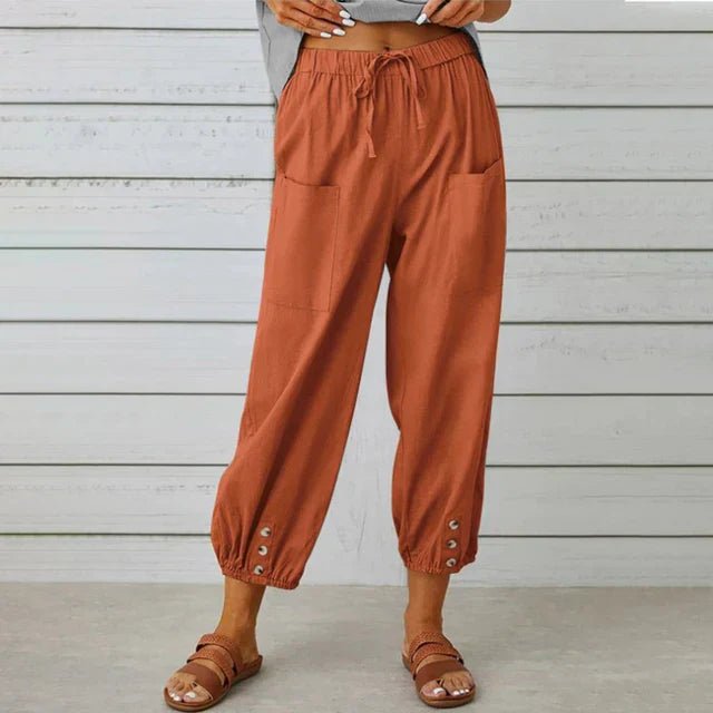 Boho High Waist Relaxed Trousers Cotton Linen Cropped - Brick Red