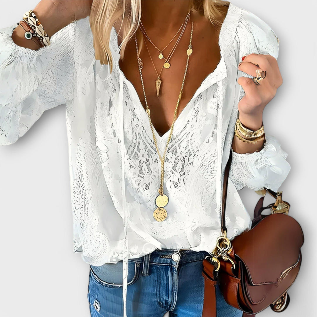 Boho Lace Blouse Deep V-Neck Long Sleeve White Top - White