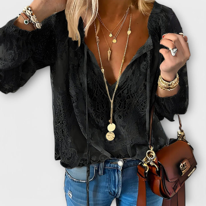 Boho Lace Blouse Deep V-Neck Long Sleeve White Top - Black
