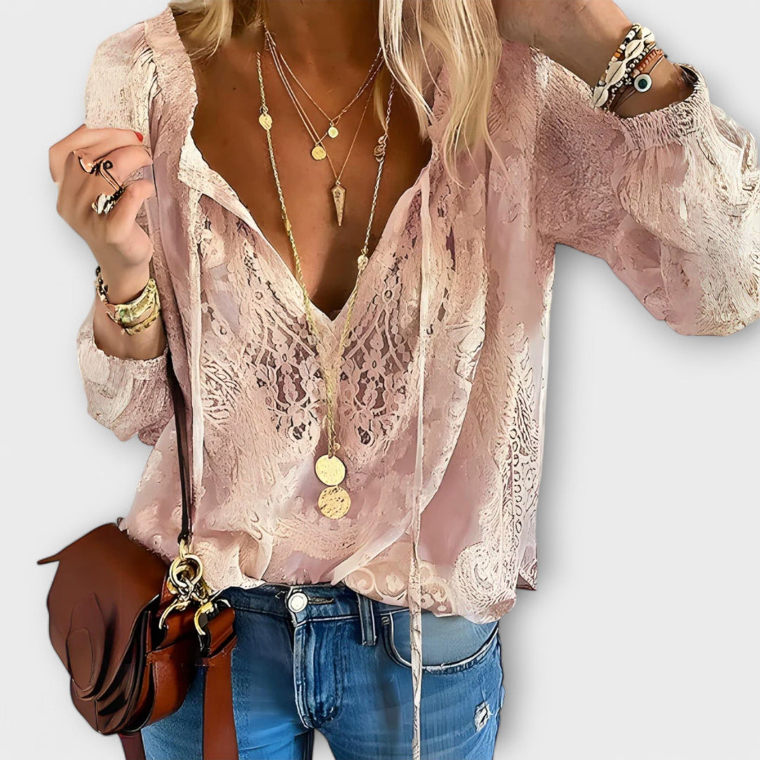 Boho Lace Blouse Deep V-Neck Long Sleeve White Top - Pink