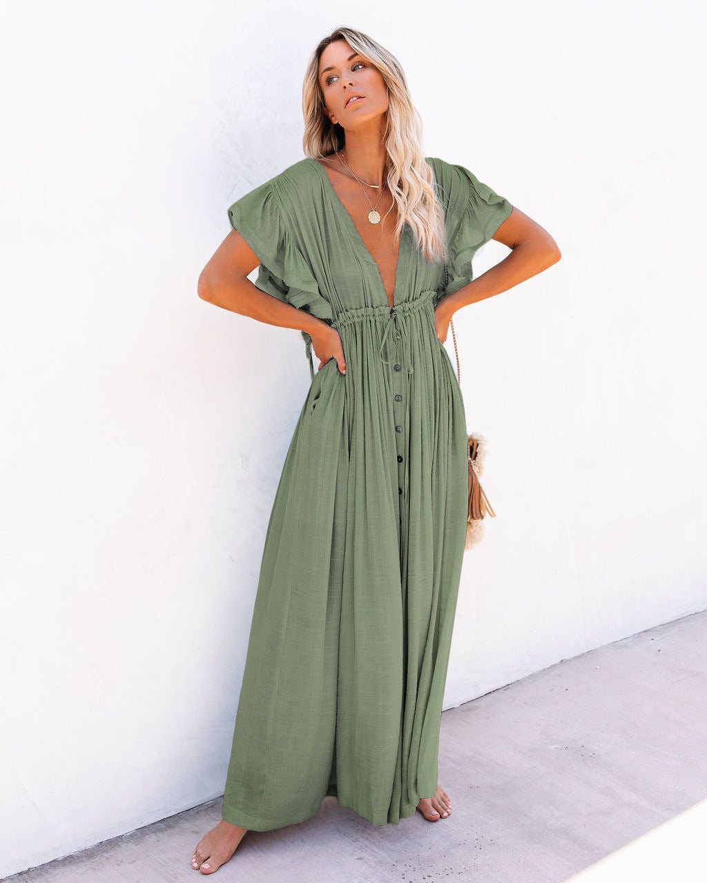 Boho Maxi Dress Deep V-Neck Button Front Ruffled Sleeves - Light Green