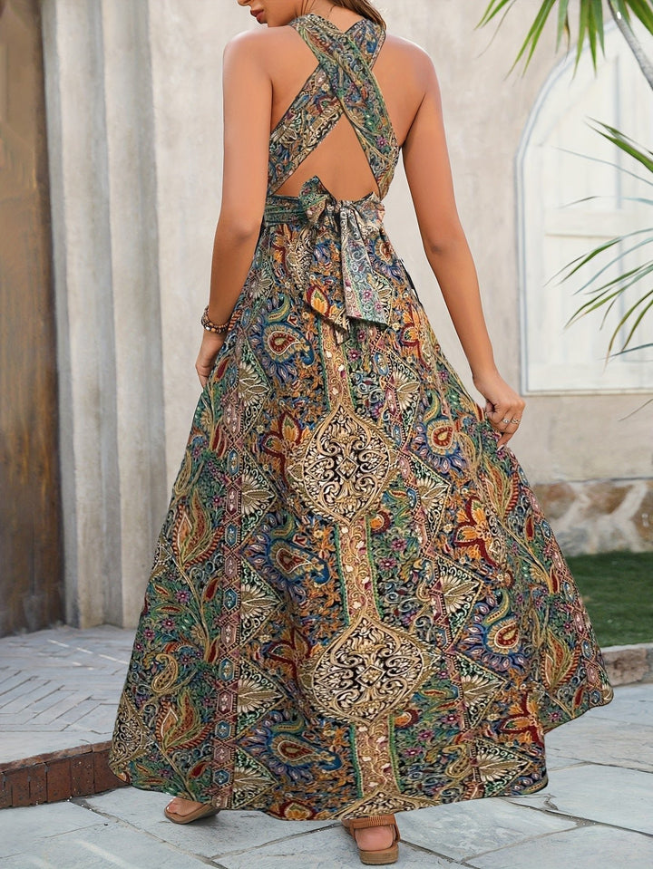 Boho Maxi Dress Halter Neck Paisley Print Sleeveless