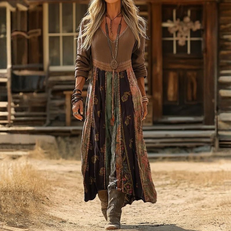 Boho Maxi Dress Long Sleeve V-Neck Patchwork Print - Multicolor