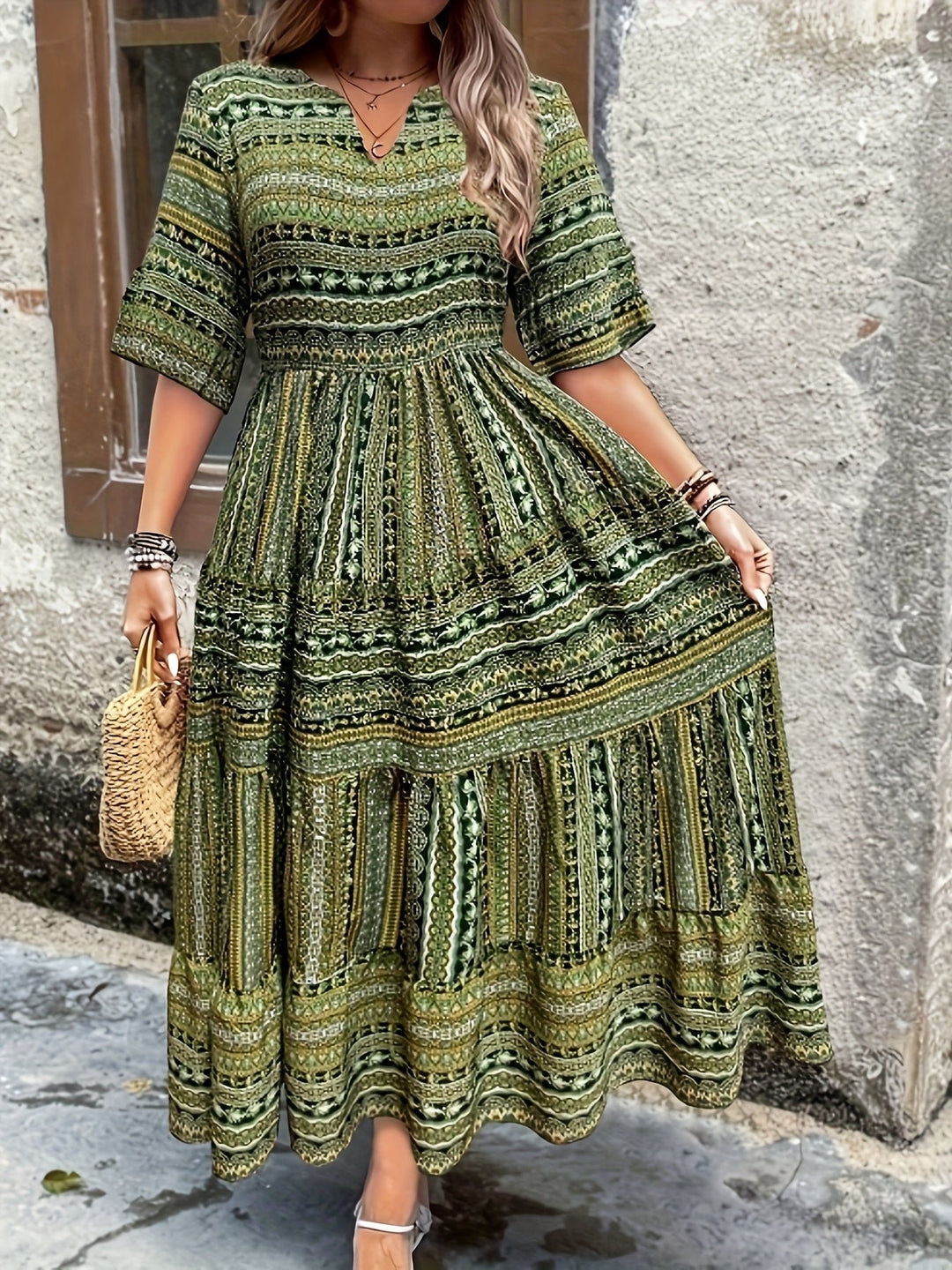 Boho Maxi Dress Printed V-Neck 3/4 Sleeve Tiered