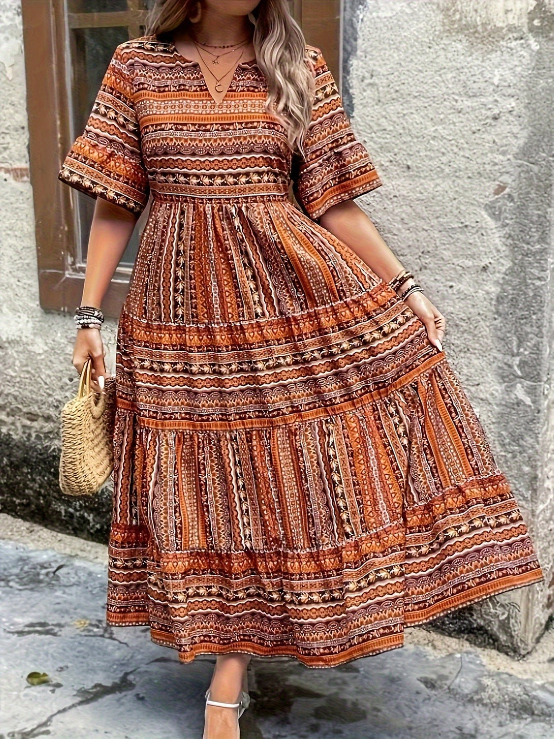 Boho Maxi Dress Printed V-Neck 3/4 Sleeve Tiered - Brown
