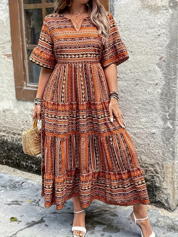 Boho Maxi Dress Printed V-Neck 3/4 Sleeve Tiered
