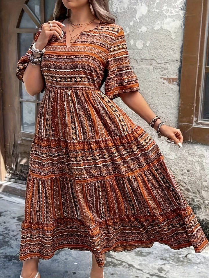 Boho Maxi Dress Printed V-Neck 3/4 Sleeve Tiered