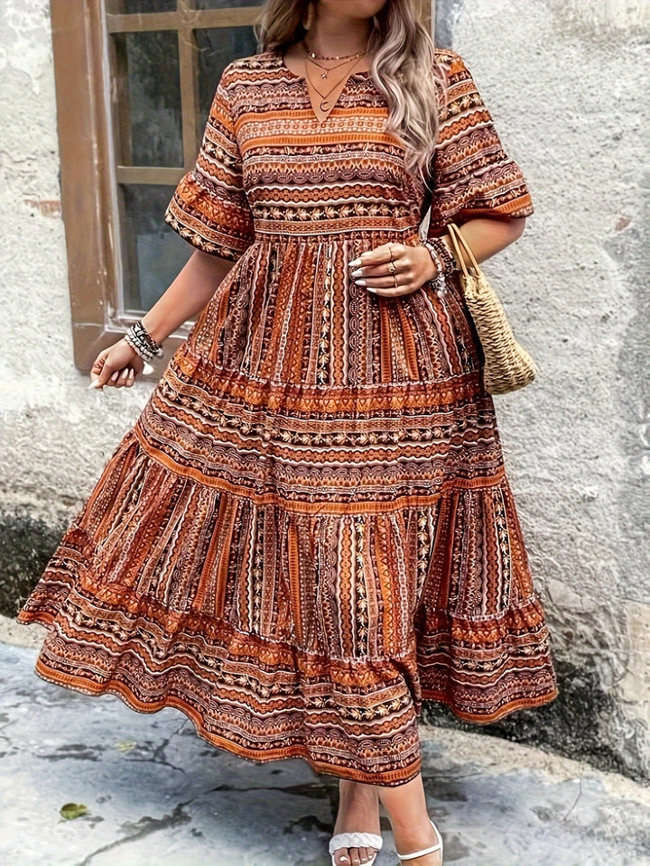 Boho Maxi Dress Printed V-Neck 3/4 Sleeve Tiered