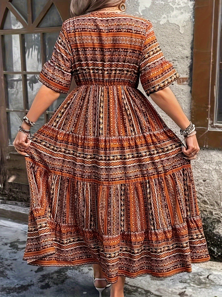 Boho Maxi Dress Printed V-Neck 3/4 Sleeve Tiered