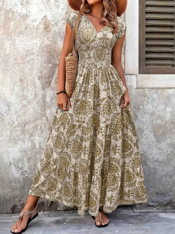 Boho Maxi Dress Smocked Waist Tiered V-Neck Cap Sleeve - Khaki