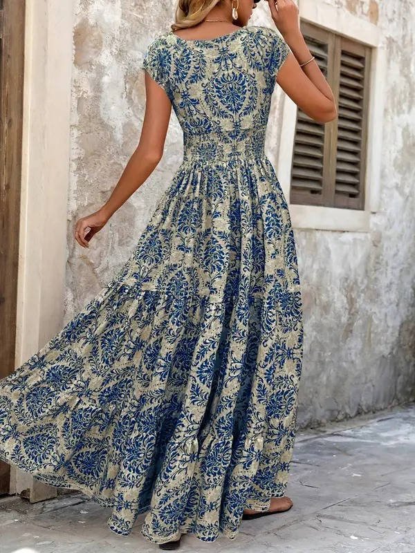 Boho Maxi Dress Smocked Waist Tiered V-Neck Cap Sleeve