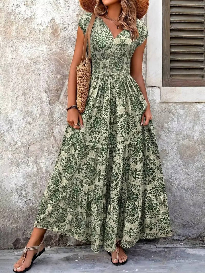 Boho Maxi Dress Smocked Waist Tiered V-Neck Cap Sleeve - Green
