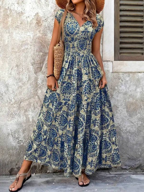 Boho Maxi Dress Smocked Waist Tiered V-Neck Cap Sleeve - Blue