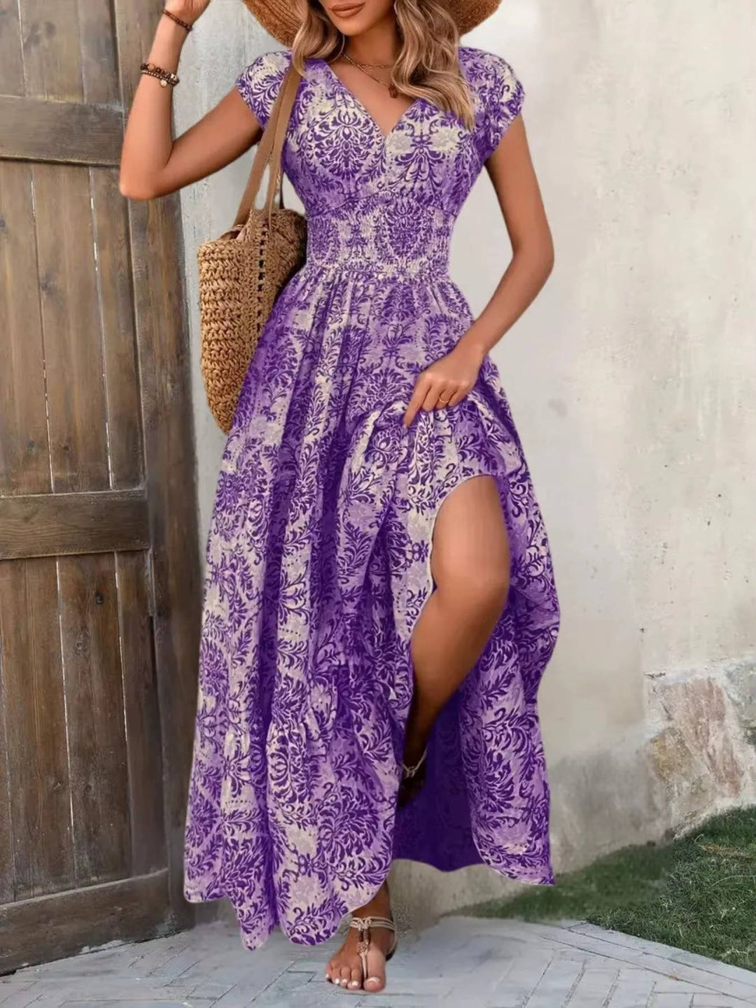 Boho Maxi Dress Smocked Waist Tiered V-Neck Cap Sleeve - Dark violet