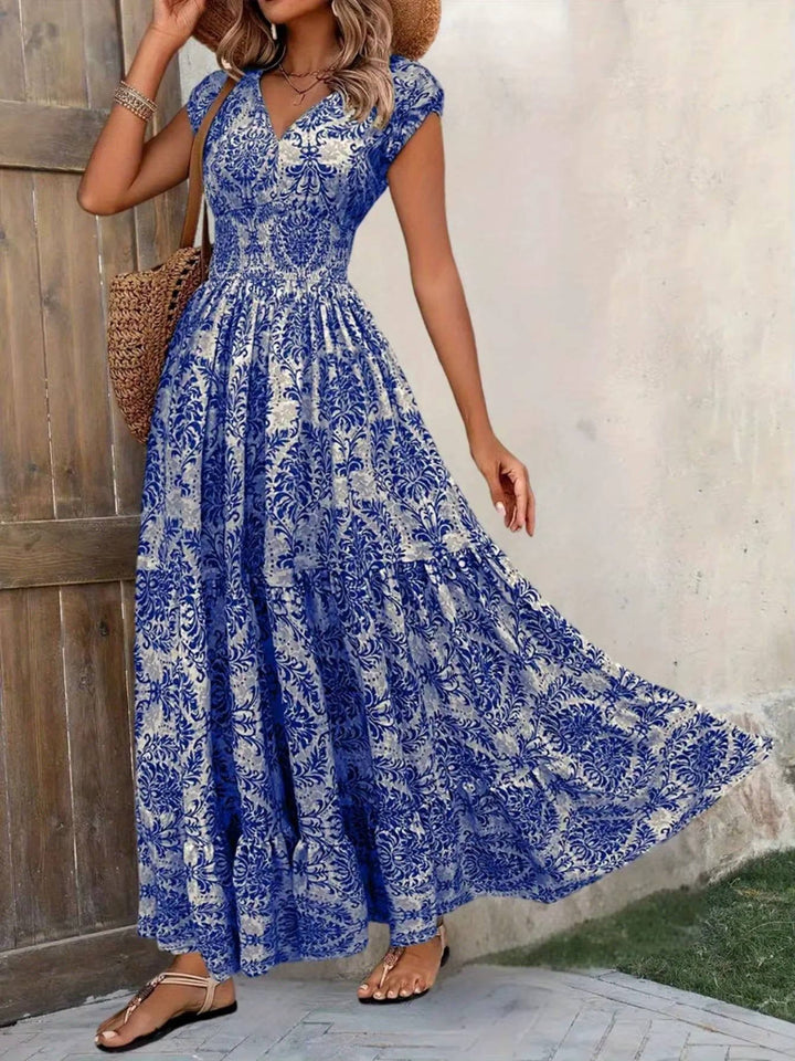 Boho Maxi Dress Smocked Waist Tiered V-Neck Cap Sleeve - Royal blue