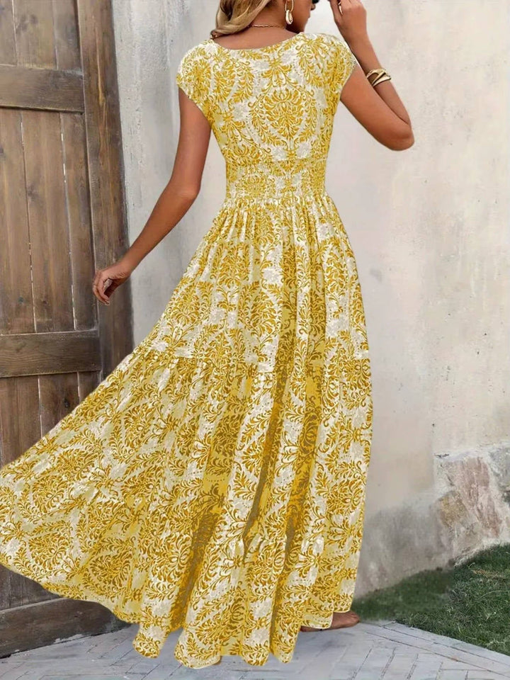 Boho Maxi Dress Smocked Waist Tiered V-Neck Cap Sleeve - Gold