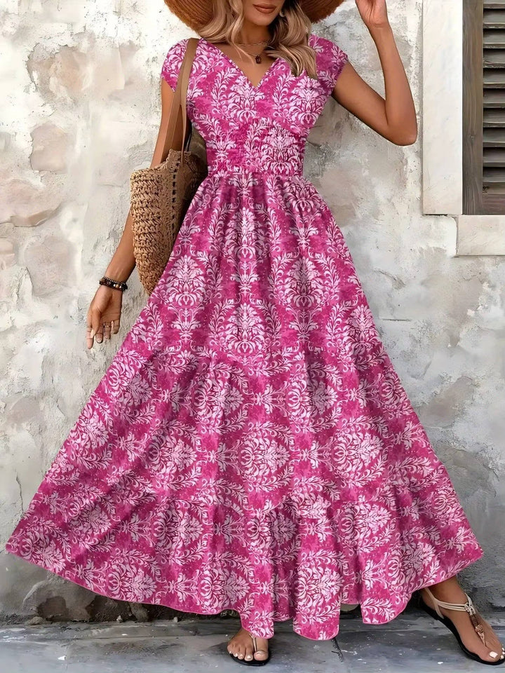 Boho Maxi Dress Smocked Waist Tiered V-Neck Cap Sleeve - Rose red