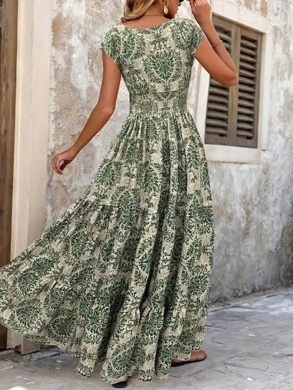 Boho Maxi Dress Smocked Waist Tiered V-Neck Cap Sleeve